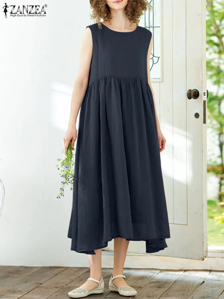 

ZANZEA Fashion O Neck Pleated Dresses Women Summer Dress Holiday Robe Solid Loose Vestidos Elegant Office Work Sundress A Line