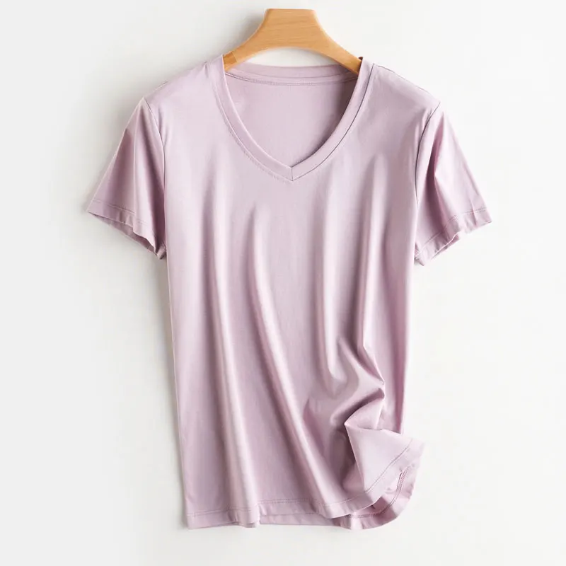 Summer 100% Mercerized Cotton Women Silk T-shirts O Neck Short Sleeve Loose Straight Tops Simple Casual Tees For Minimalist 2023 -S7c3e82b2c955442f9d9c4b2ee0e6c4b3k