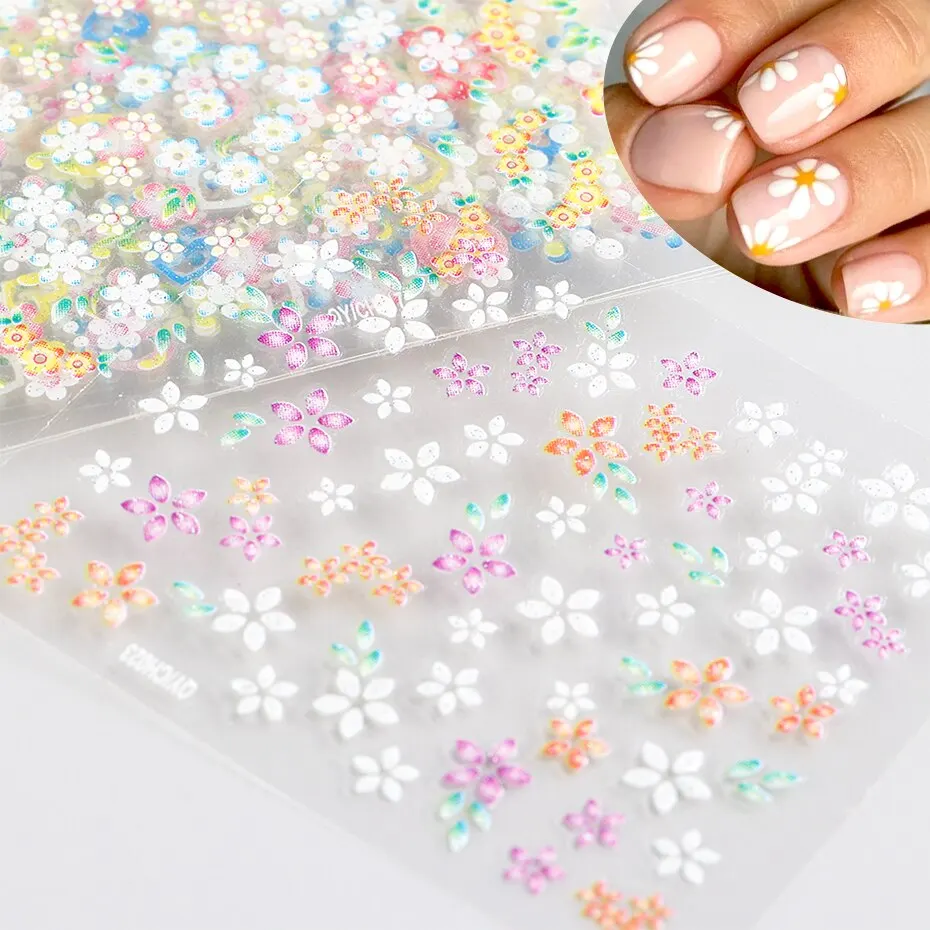 Nail Stickers 30 Pcs Colorful Flower Nail Stickers Set Small Sakura Daisy Cute Flowers Decals 3D Self Adhesive Sliders Manicure Decoration