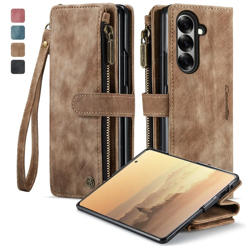 Zipper Leather Wallet Phone Case with Wrist Strap and Card Slots