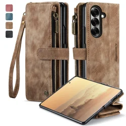 Zipper Leather Wallet Phone Case with Wrist Strap and Card Slots - Galaxy Z Fold8 Ultra (Brown)