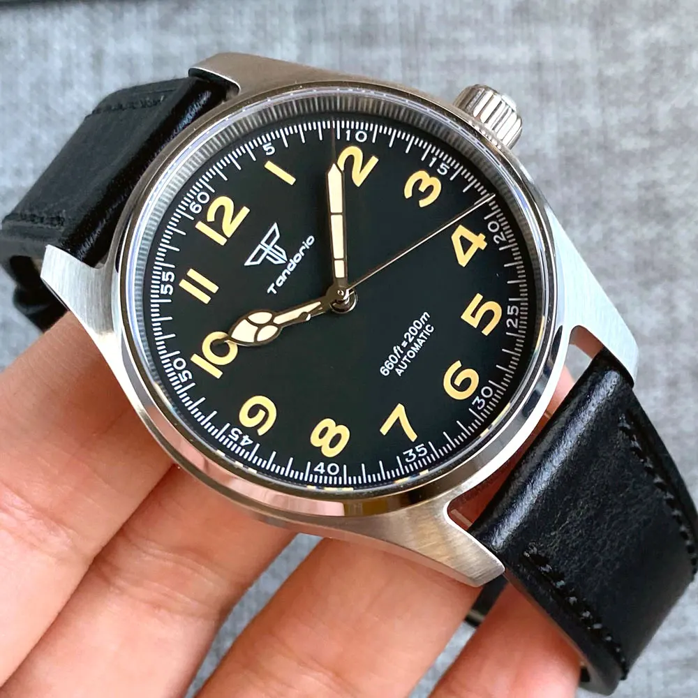 Tandorio 39mm Black Dial Sapphire Glass 20ATM Diving Japan NH35A PT5000 Automatic Pilot Brushed Men Watch Leather Strap