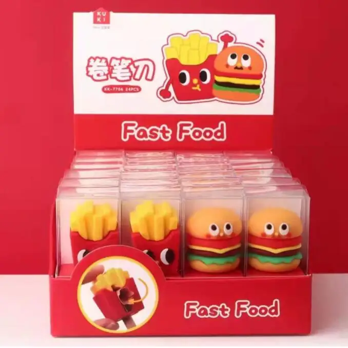 

24 pcs/lot Creative Hamburger Fries Pencil Sharpener Cute Hand Mechanical Cutter Knife stationery gift school supplies