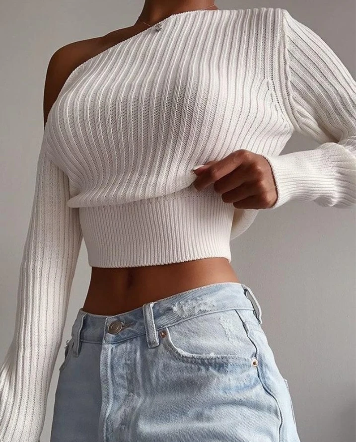 

Urban Style 2023 Women Autumn Winter Casual Simple Solid Color Cold Shoulder Long Sleeve Crop Temperament Commuting Sweater
