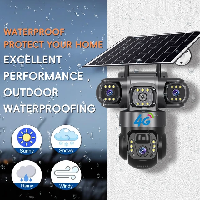 Solar 4G Camera With Sim Card 12MP 6K Three Lens Three Screen Monitor Night Vision Security Protection PTZ Video Surveillance 4