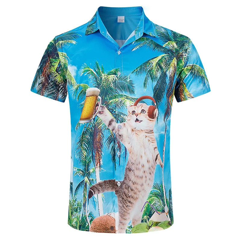 thumbnail image 1 of Camisas hawaianas con estampado 3D de dinosaurios y gatos divertidos para hombre, camisas hawaianas de manga corta con botones para vacaciones tropicales, ropa de calle, 1 of 4