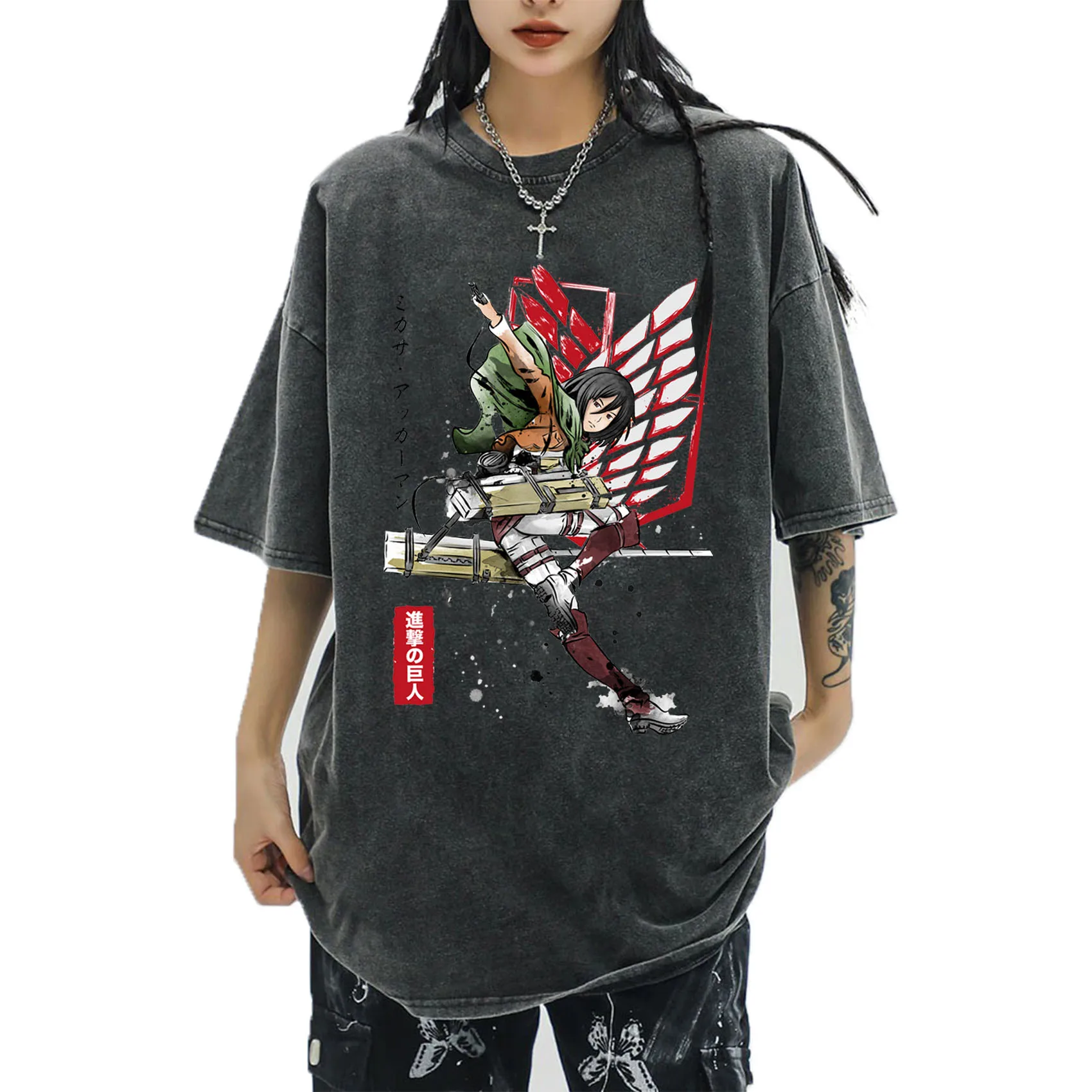 

Mikasa Ackermann Washed Shirts Attack On Titan Anime Washed Shirt Harajuku O-Neck Cotton Vintage T-Shirts Unisex