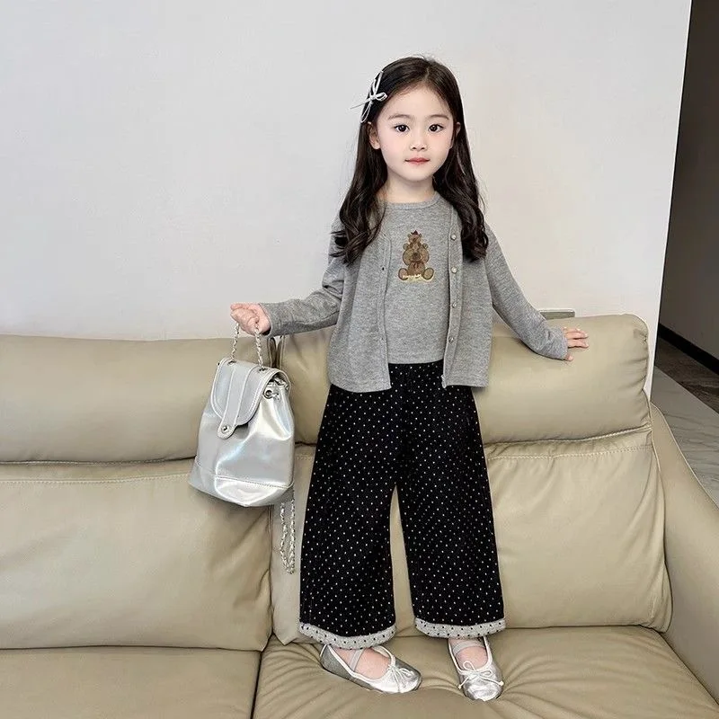الخريف الاطفال الفتيات 2 قطعة مجموعة الملابس القطن الدب المطبوعة سترة علوية الصلبة لينة سترة الدعاوى فضفاضة عادية نقطة واسعة الساق بانت وتتسابق