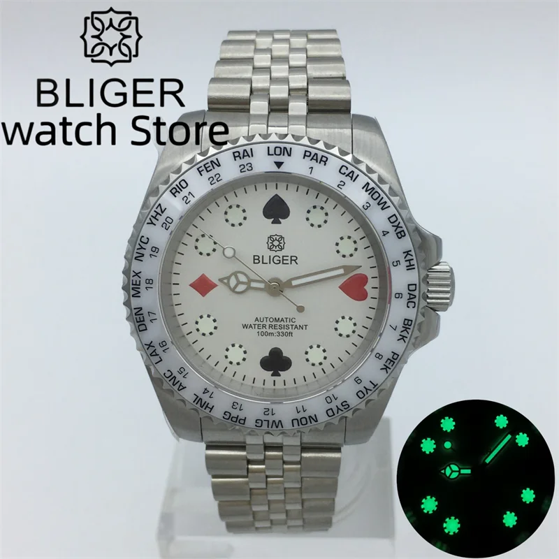 BLIGER nh35 40mm silver case Ceramic bezel White dial Men's Mechanical Watch Sapphire Glass Silver Jubilee bracelet Green lumino