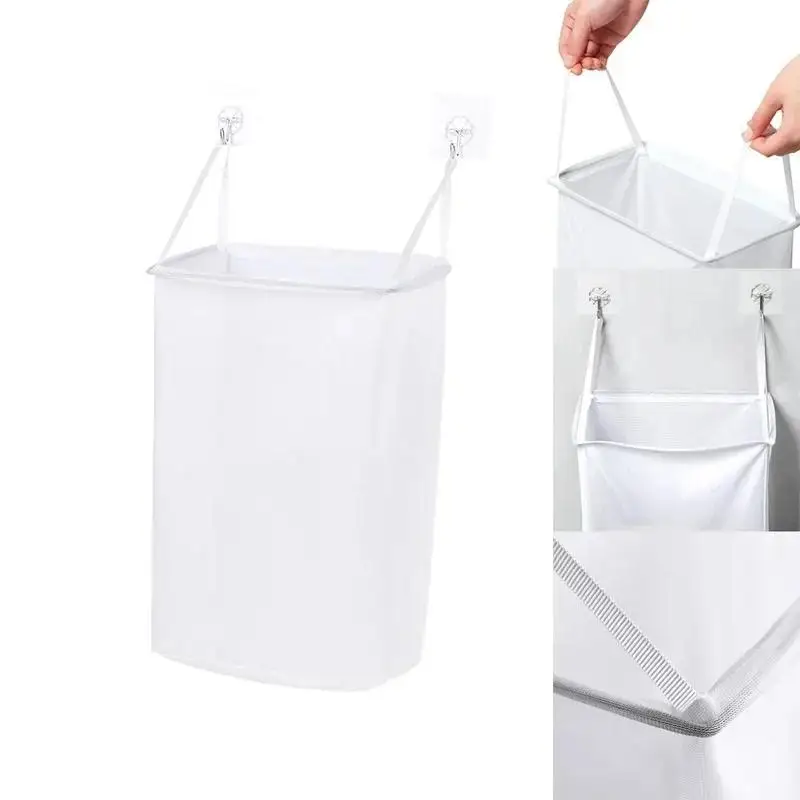 Home Foldable Multifunctional Wall Hanging Laundry Basket Washing Clothes Organizer Mesh Storage Punch Free Adhesive Hook