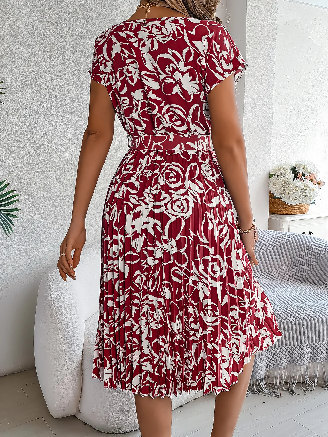 Elegant Flower Print Short Sleeve Dress for Women