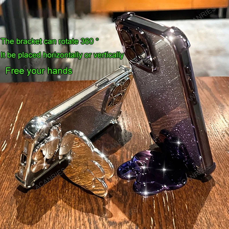Plating Anti-Fall Silicone Case with Mirror Rabbit Stand and Clear Bead Chain