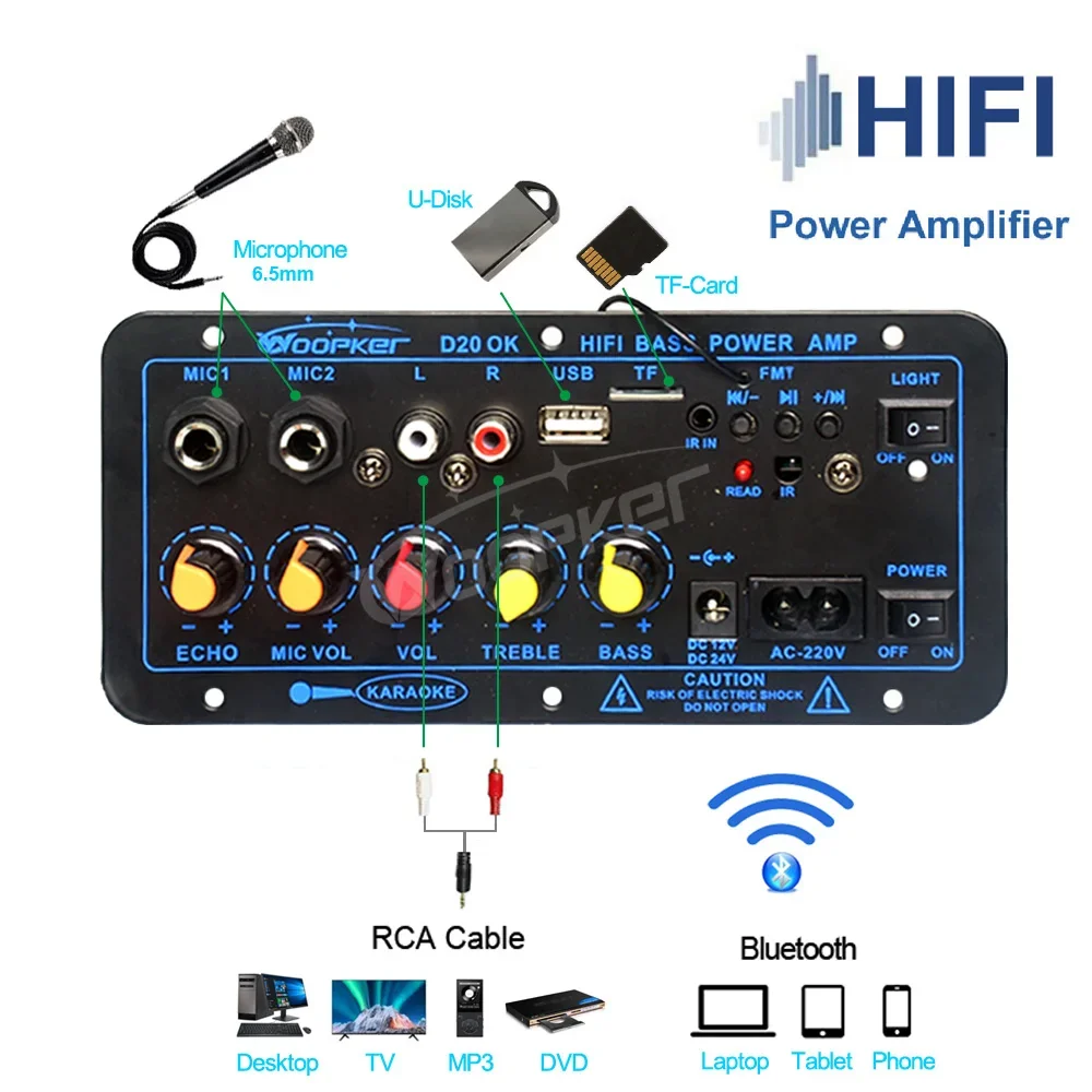 D20 Bluethooth Amplifier Board 60-200W Hifi Subwoofer Amplifier Module Dual Micr