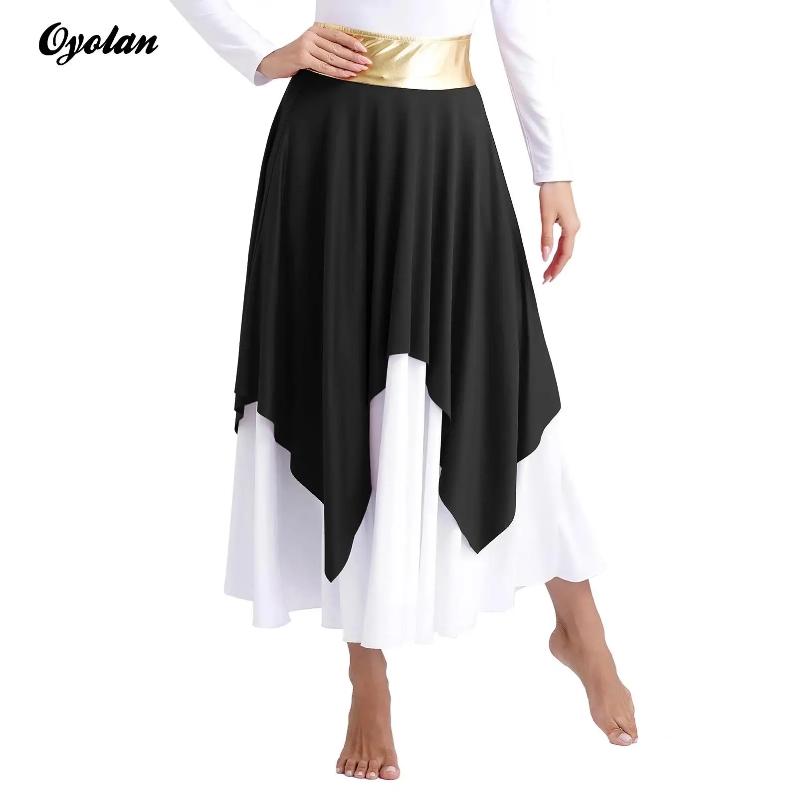 

Womens High Waist Worship Skirt Elegant Ballet Lyrical Liturgical Praise Dance Costume Metallic Ballet Dance Performance Costume
