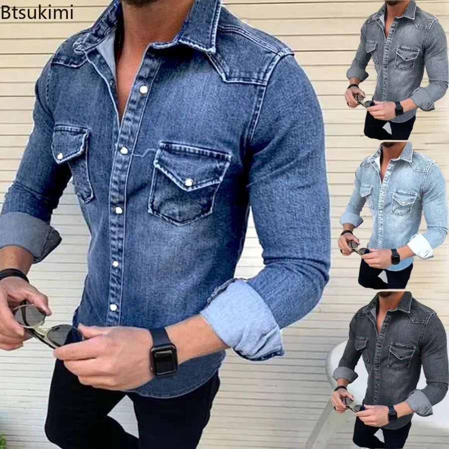 Denim Shirt New Spring Autumn Mens Long Sleeve Denim Shirts for Men Cotton Two Pockets Slim Elastic Chemise Homme denim shirt,long sleeved shirt