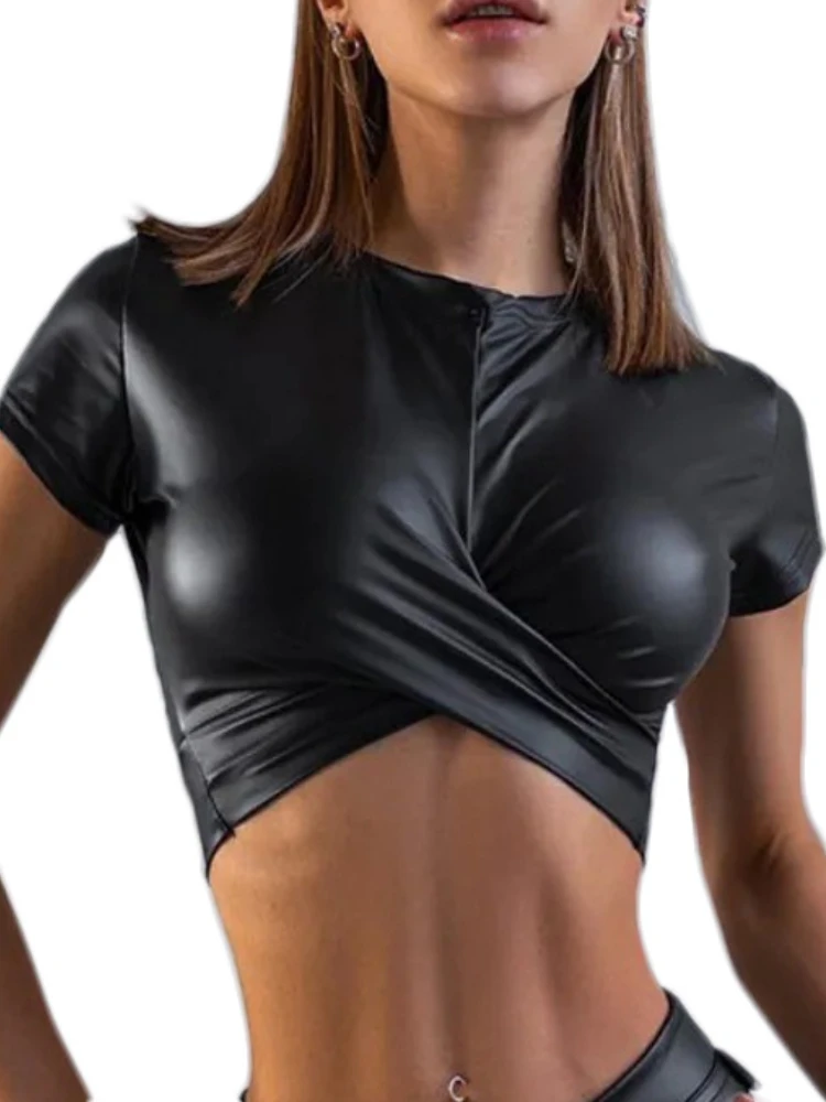 

Fashion Sports Solid color black cross Short body-hugging crop top bright lacquer 2024 new in summer Yoga short T-shirt