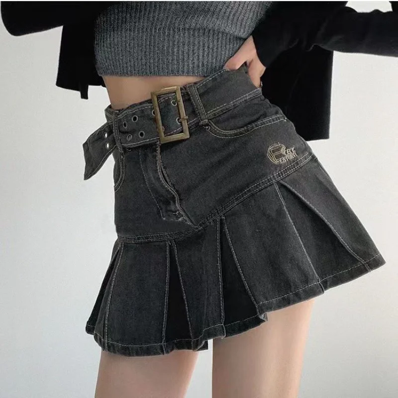 DEEPTOWN Denim Pleated Mini Skirt Gyaru Vintage High Waist A line Slim