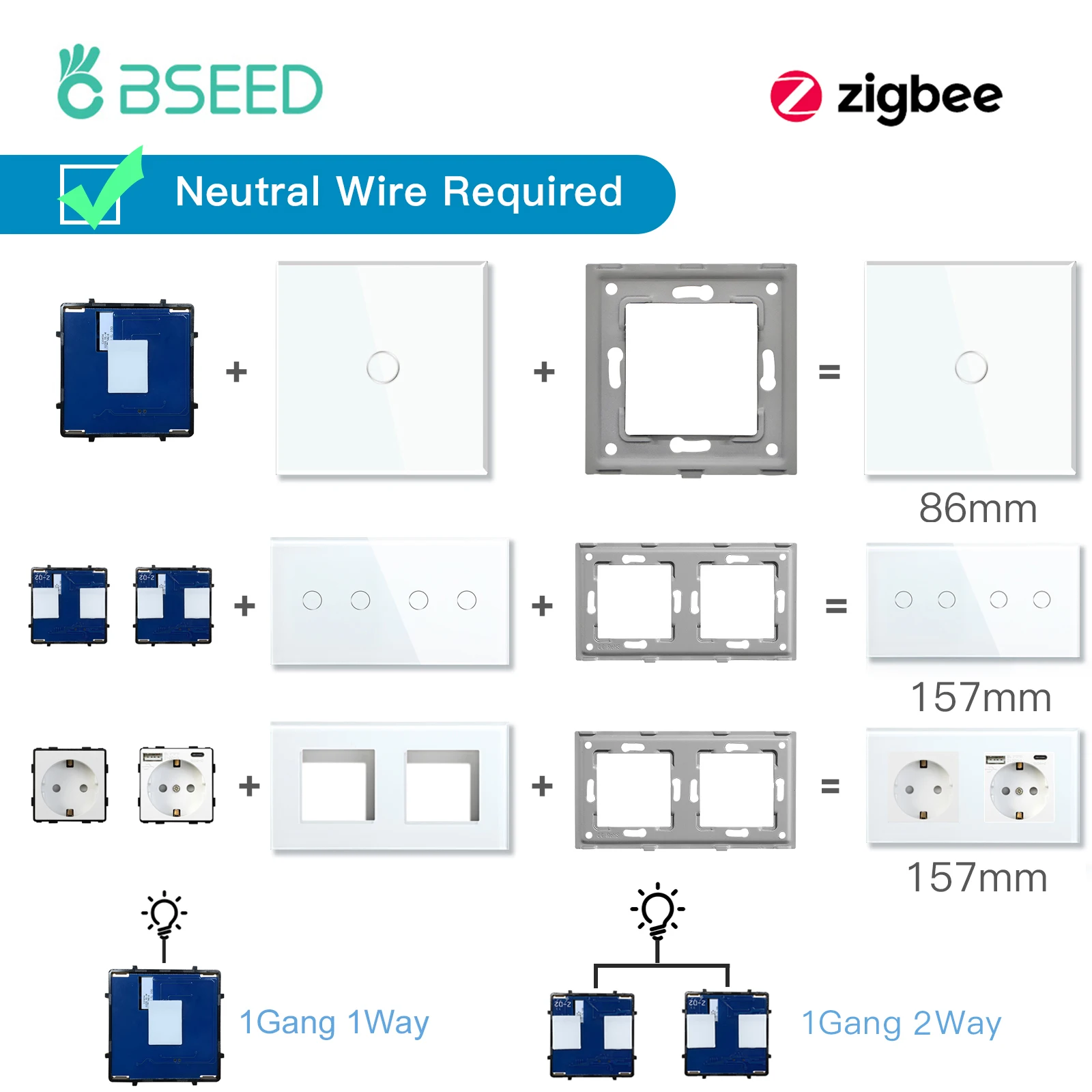 BSEED ZigBee Switches Parts Glass Panel White Touch Switches Function