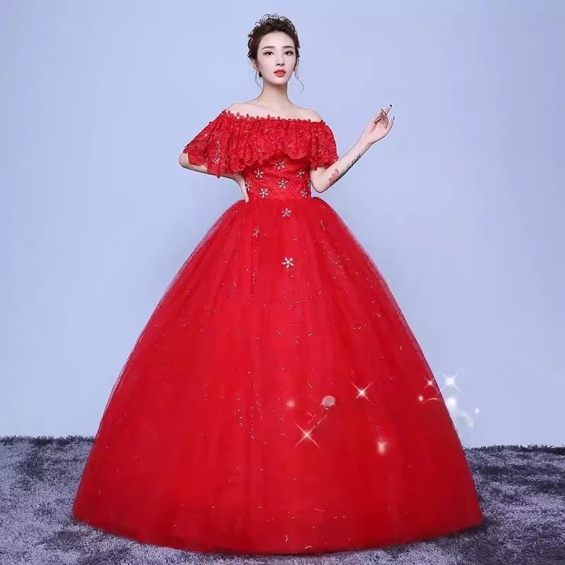 

It's Yiiya Red Wedding Dress Ruffles Lace Off the Shoulder Sequins Crystal Floor-length Princess Plus size Bride Ball Gown XN088