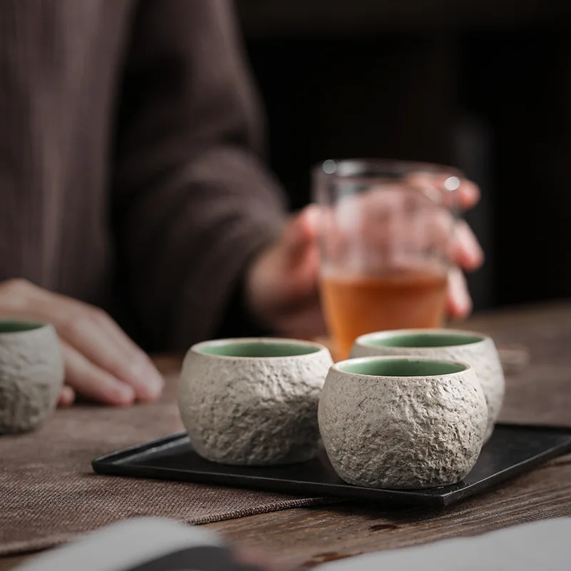 

6 Cups Handmade Vintage Rough Pottery Tea Cup, Japanese Style Ceramic Kungfu Tea Set, Perfect Gift for Tea Lovers