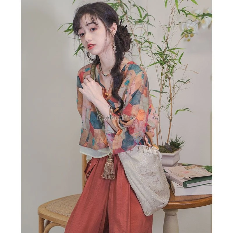 summer new chinese retro casual two-piece set printing half sleeve loose top women elastic waist long pants suit