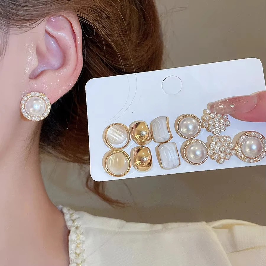 6/10/12개 시뮬레이션 진주 라운드 스퀘어 스터드 귀걸이 여성용 데일리 주얼리 세트