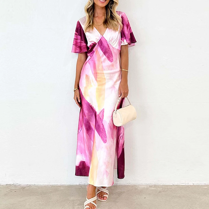 

Sexy V-neck Tie Dye Printed Long Dress 2024 Summer Short Sleeved Side Slit Beach Dress Elegant Women's Slim Party Dress Vestidos