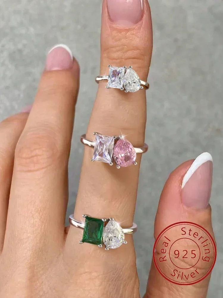 Ring aus 925er-Sterlingsilber, Wassertropfen, quadratisch, funkelnder Zirkon, für Damen, Verlobung, Hochzeit, Luxus-Mode, hochwertiger edler Schmuck