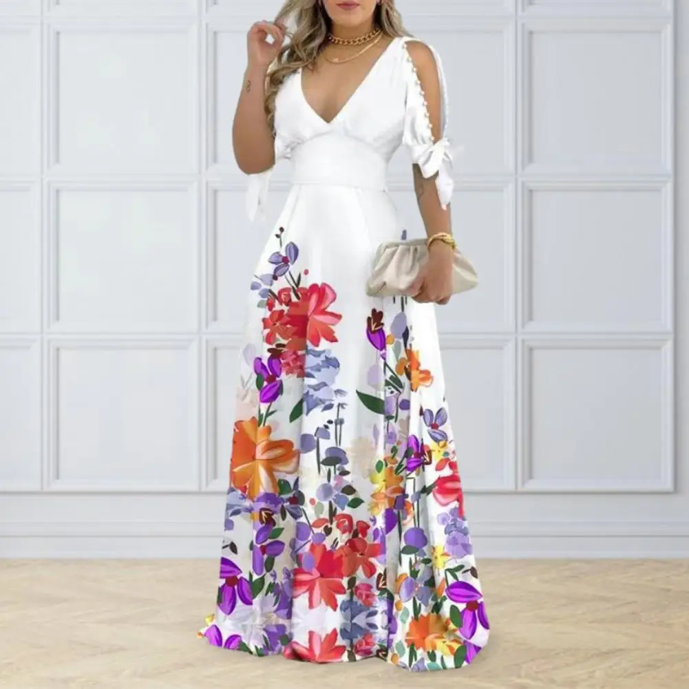 

High Waist Dress Elegant Floral Print Maxi Dress with Bead Decor A-line Patchwork for Women High Waist V Neck Hollow for Spring