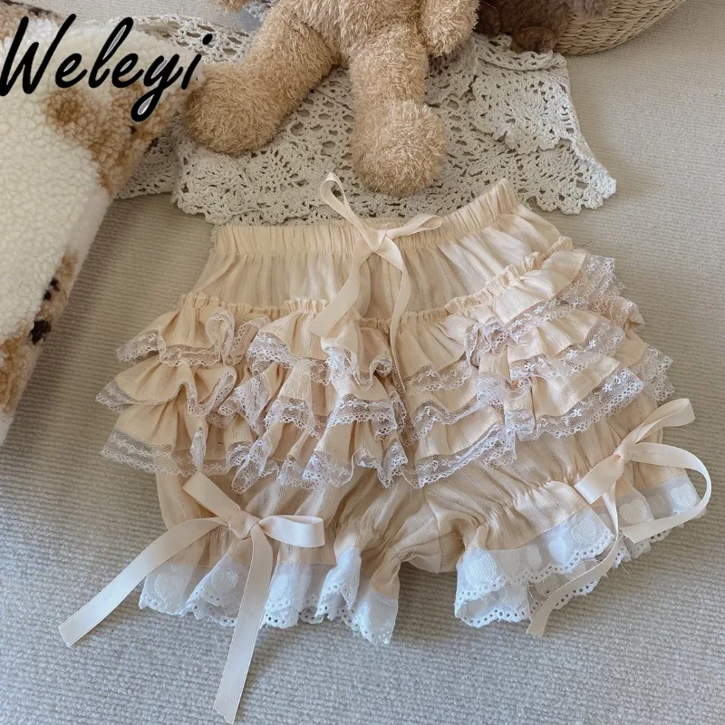 

Japanese Cute Girl Bow Cake Shorts 2024 Spring New Princess Style Sweet Lace Stitching Cotton Jacquard Bow Short Pants Skirt