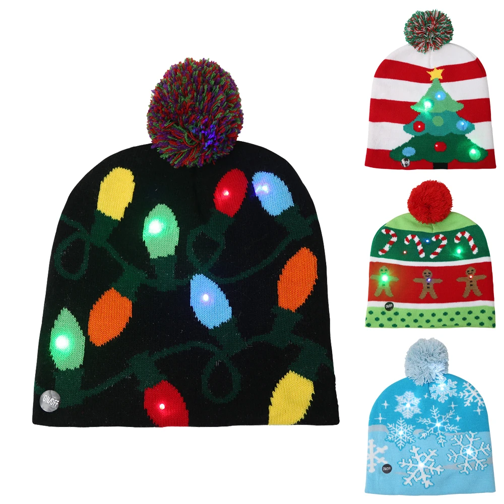 LED Christmas Hats Sweater Knitted Beanie Christmas Light Up Knitted Hat Gift for Kids Xmas New Year Decorations