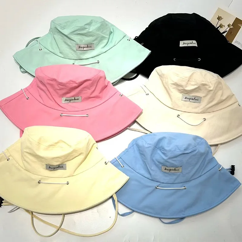 New Korean Dopamine Color Drawstring Bucket Hats for Women Summer Travel Sunscreen Versatile Multi-functional Basin Caps 2025