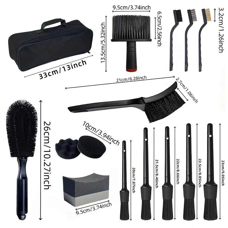 16-teiliges Autowaschbürsten-Set mit Aufbewahrungstasche, Radbürste, Reinigungsbürsten, Stahlbürsten für Auto-Außenbereich & Felgenreinigung – Detail 2