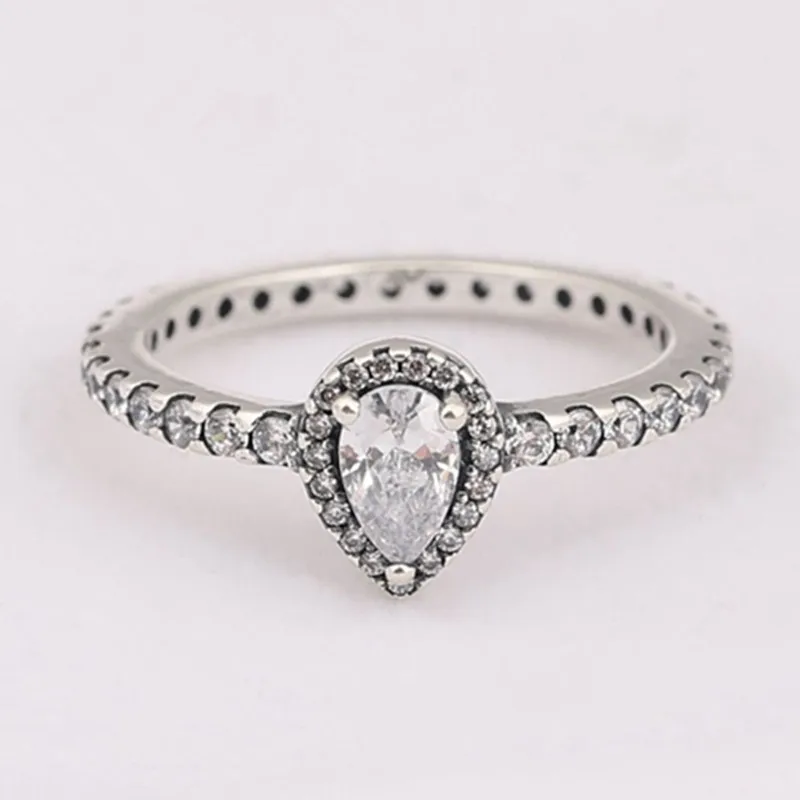 Authentic 925 Sterling Silver Radiant Teardrop With Crystal Ring For