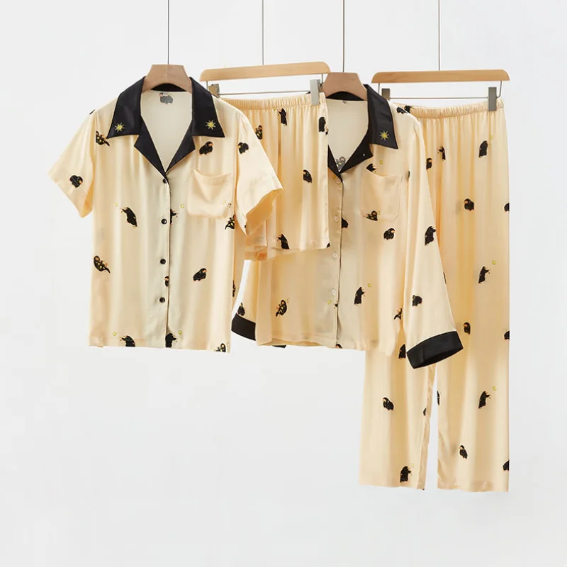 

Женская атласная пижама с мультяшным принтом, с вышивкой и длинным рукавом, комплект из 2 предметов, лето 2023