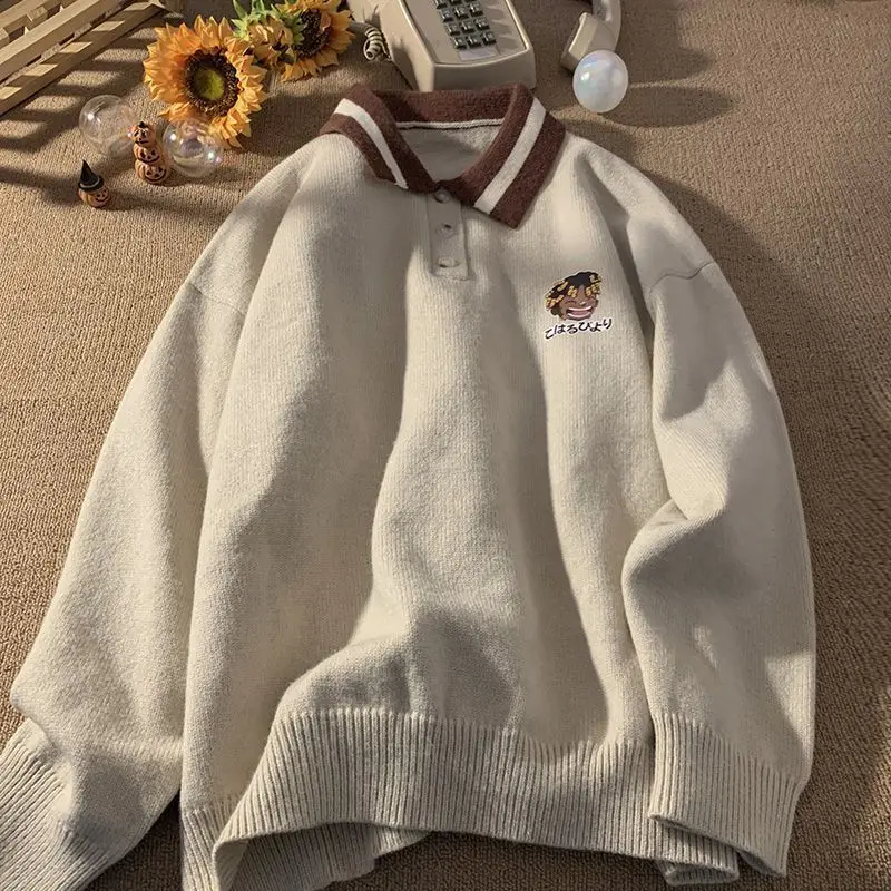 

Extra large size Polo shirt sweater for men and women spring and autumn new American retro cartoon ins versatile lapel y2k tops