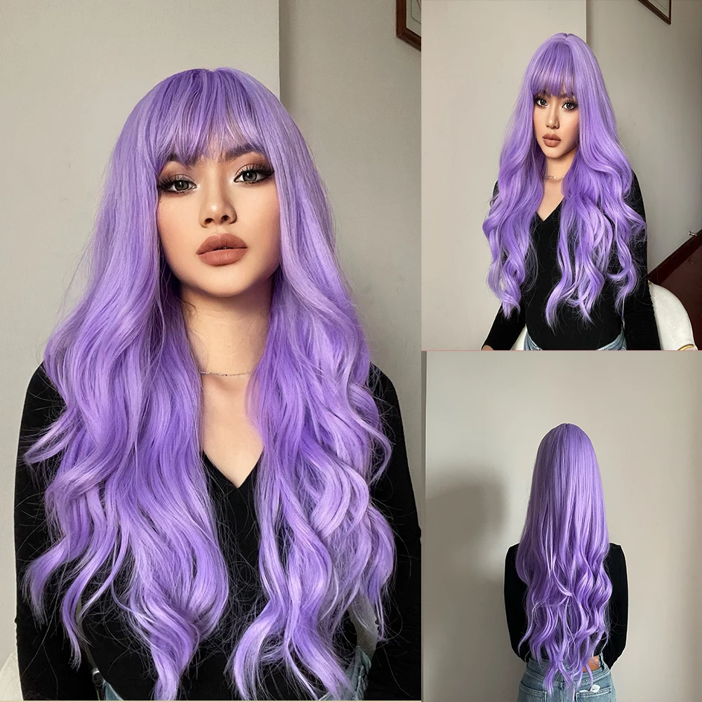 Long Synthetic Wigs Purple Curly Water Wavy Hair Wig with Bangs for Girls and Women Daily Wearn Party Cosplay Natural Fiber