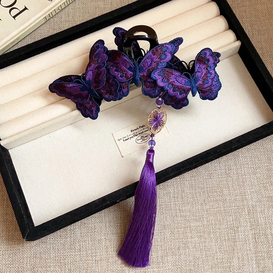 Neue Haarspangen im chinesischen Stil mit blauer Stickerei, Schmetterlings-Haarspangen für Damen, lila Haarspangen mit langen Blumenquasten, Retro-Cheongsam-Kopfschmuck M – Detail 7