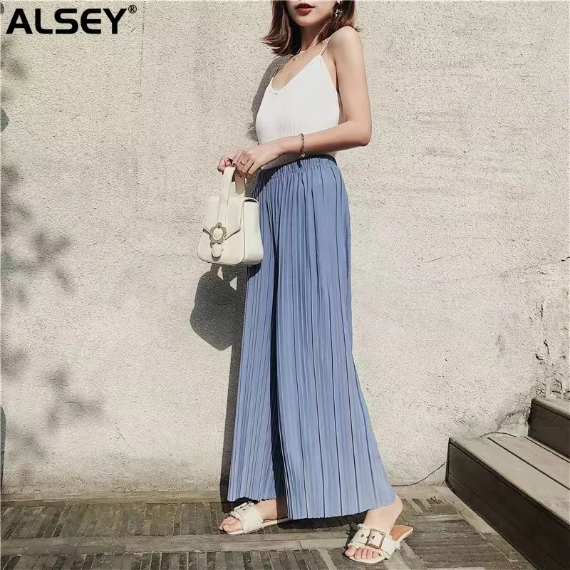 

ALSEY Miyake Pleated Wide Leg Fashion Elastic Waist Harem Pants Solid Color Draped Straight Casual Long Women's Pants 2023 New