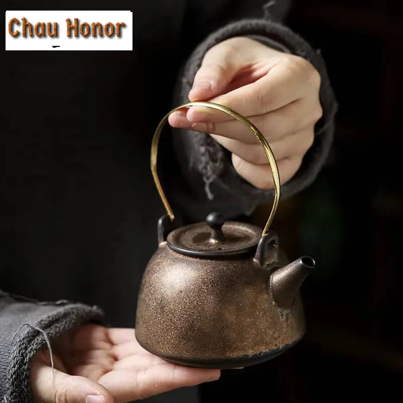 200ml Japanese Gilded Rust Glaze Loop-handled Teapot Antique Tea Infuser Pot Tea Brewing Kettle with Filter Drinkware Decoration