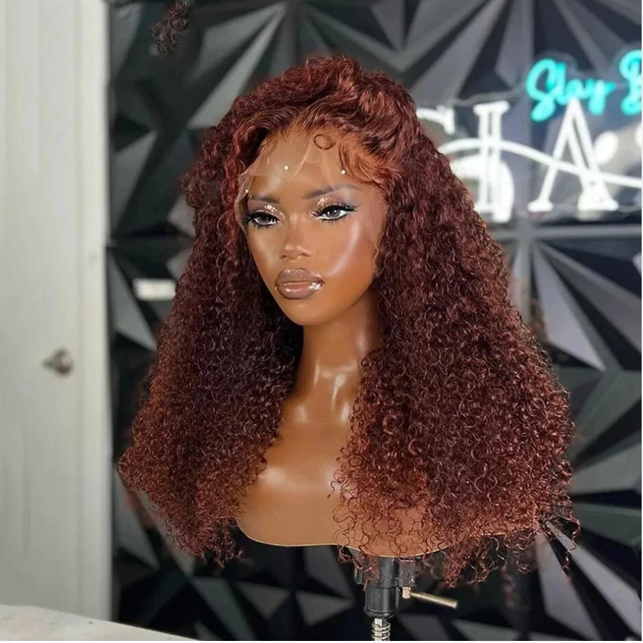 250% Reddish Brown Kinky Curly 30 40 Inch 13x4 Lace Front Human Hair Wig Colored Pre plucked with Baby Hair