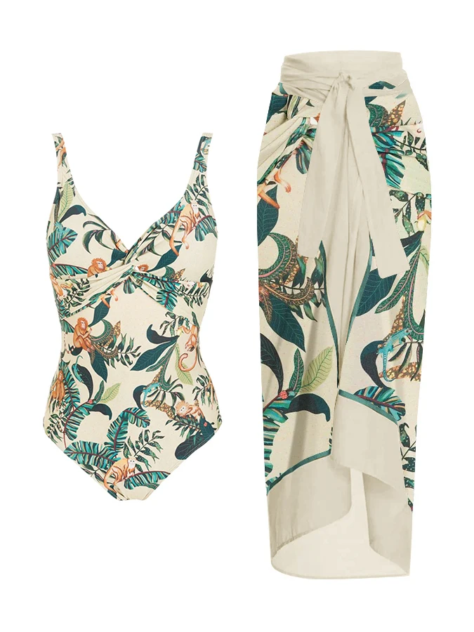 Plant Monkey King Print 2023 Fashion Women Swimwear Summer V Neck Swimsuit Bathing Suits Vacation Sexy / New