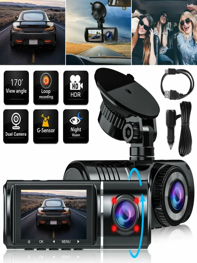 

Car DVR Cam 2.45" IPS Screen 1080P Dual Dash Cam Suction Cup Mount Camera Recorder Auto Parking Monitor Night Vision G-sensor