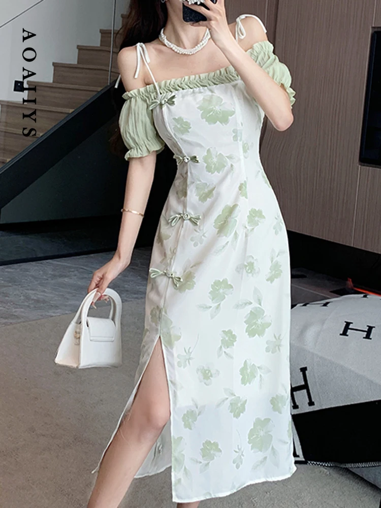 

Aoaiiys Dresses for Women Dress 2023 Summer Chic Floral Slit Square Collar High Waisted Spaghetti Strap Dress Mid-Calf Clothing
