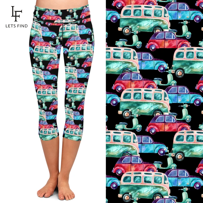 LETSFIND Women Fashion High Waist Capri Leggings 3D Cartoon Cars Ptint Fitness Elastic Mid-Calf Leggings Summer New