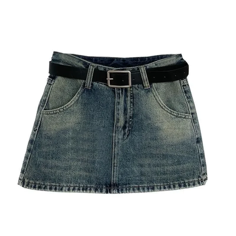 Skirts Aesthetic Grunge High Waist Jeans A-line Skirt Alt Clothes Y2K Vintage Women Korean Blue Casual Belts Mini Short Denim