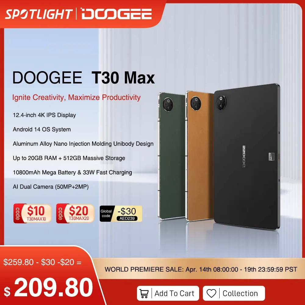 DOOGEE T30 Max Tablet 12.4" 4K 20GB(8+12) 512GB Android 14 50MP Dual Camera 10800mAh 33W Fast Change Aluminum Alloy Nano Unibody