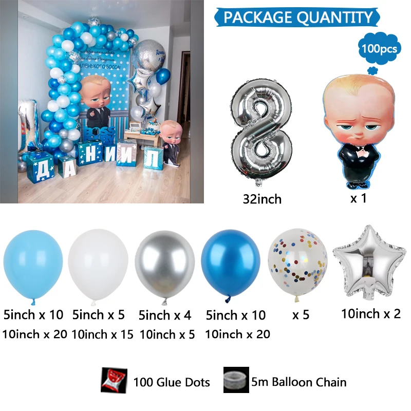 thumbnail image 1 of Juego de 90 piezas de guirnalda de globos con temática de Boss Baby, kit de arco de globos de helio de aluminio para baby shower de recién nacidos, suministros de decoración para fiestas infantiles, 1 of 5