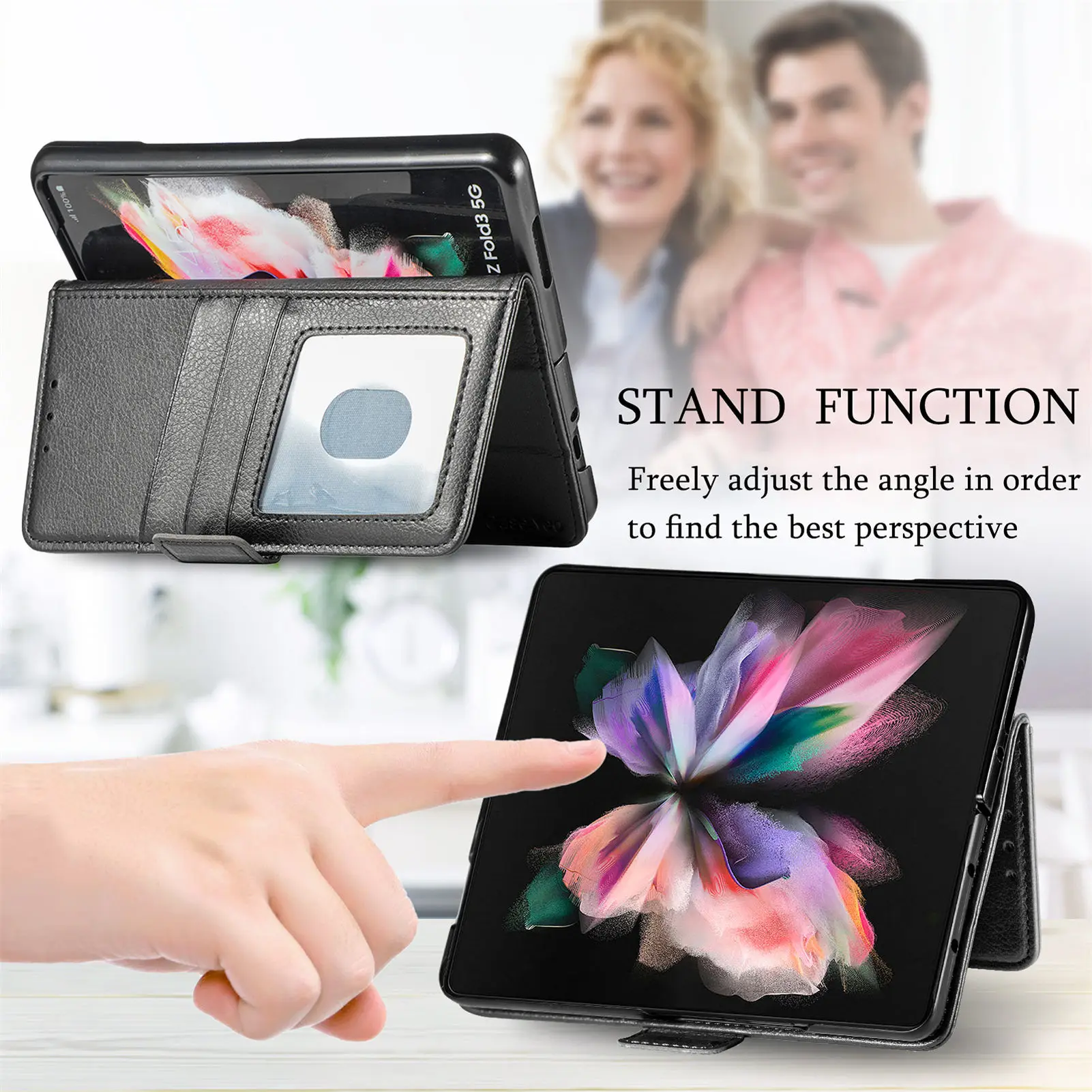 Premium Lychee Pattern Leather Case for Samsung Galaxy Z Fold 4 3 with Pen Holder Multifunctional Wallet Design Anti-Drop Cover