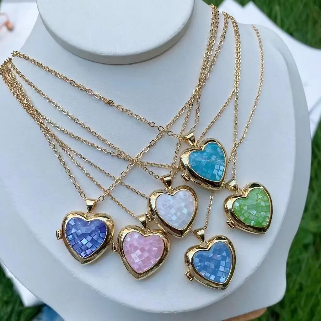 

5Pcs Color Abalone Shell Heart Photo Box DIY Jewelry Can Open Gold Plated Charm Pendant Necklace 2022 New Jewelry